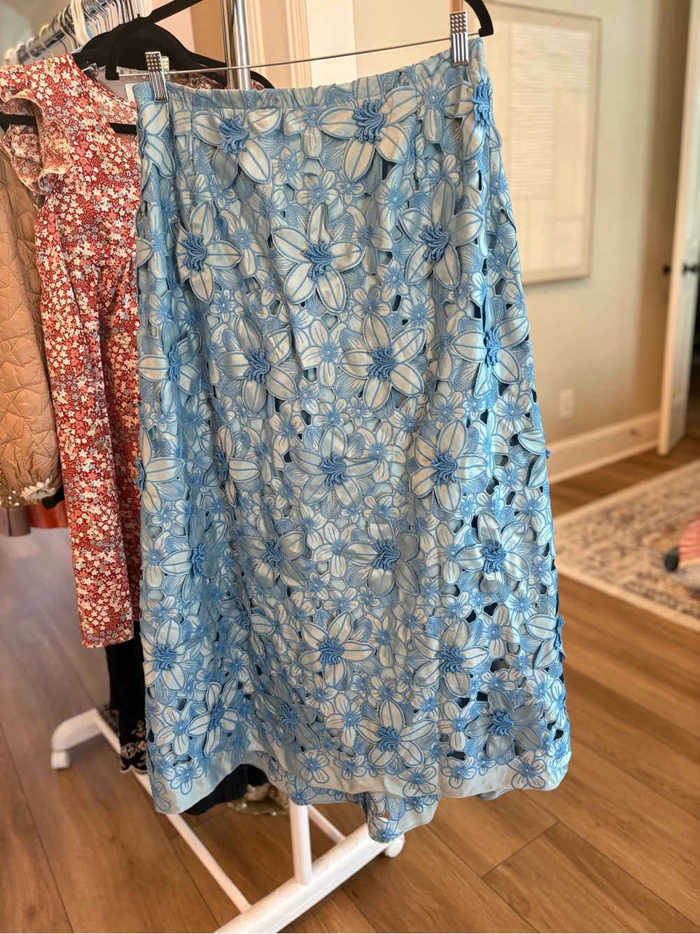 ANTONIO MELANI Sky Blue Floral Lace Midi Skirt